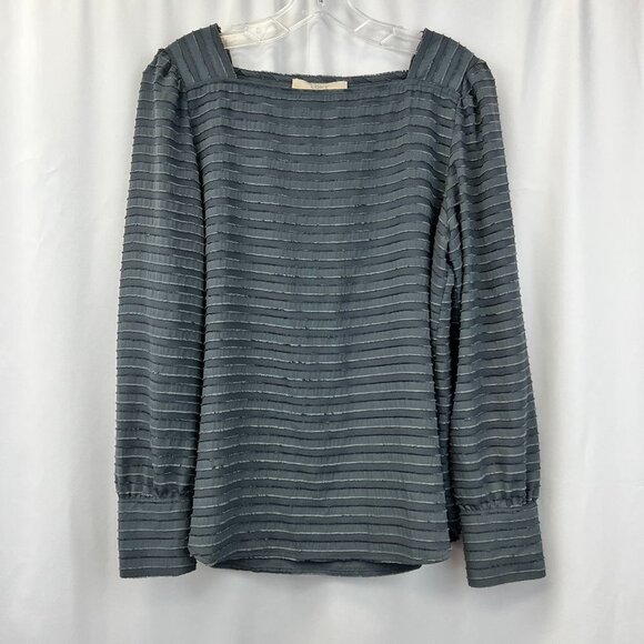 Loft Womens Gray Striped Long Sleeve Square Neck Pullover Blouse Top Size Medium - Picture 1 of 10